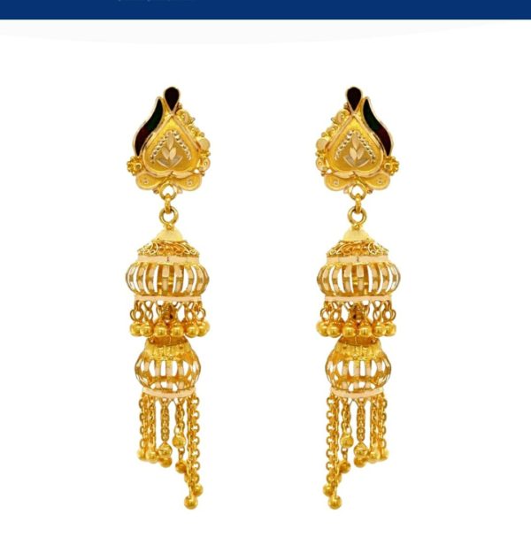 Bridal Gold Jhumka Earrings with Double Dome & Chains Bridal Gold Jhumka Earrings with Double Dome & Chains