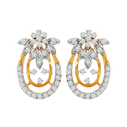 Floral Motif Diamond Stud Earrings in Gold with Oval Design